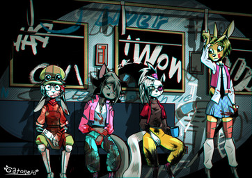 accessory anthro black_body black_eyewear black_fur black_goggles black_hair black_necktie black_nose blonde_hair blood blood_on_clothing blue_bottomwear blue_clothing blue_pants blue_skirt bodily_fluids bottomwear brown_clothing brown_sweater brown_topwear clothed clothed_anthro clothed_female clothing coffee_cup container cup cybernetic_arm cybernetic_leg cybernetic_limb eyewear female female_anthro flat_cap fur glasses goggles graffiti grey_body grey_fur group hair hair_accessory hair_tie hat headgear headwear holding_coffee_cup holding_container holding_cup holding_object jacket light long_ponytail necktie overalls pants pink_clothing pink_jacket pink_topwear pink_vest ponytail public_transportation rapid_transit red_clothing red_jacket red_topwear scut_tail shadow shirt short_hair short_tail sidecut sitting skirt sleeping spikes standing subway sweater tail tank_top topwear vest wearing_glasses white_body white_dress_shirt white_fur yellow_body yellow_bottomwear yellow_clothing yellow_fur yellow_pants gatonejo do_(gatonejo) gadea_(gatonejo) mono_(gatonejo) tabby_(gatonejo) deer domestic_cat felid feline felis lagomorph leporid mammal procyonid rabbit raccoon 2025 absurd_res digital_drawing_(artwork) digital_media_(artwork) hi_res signature
