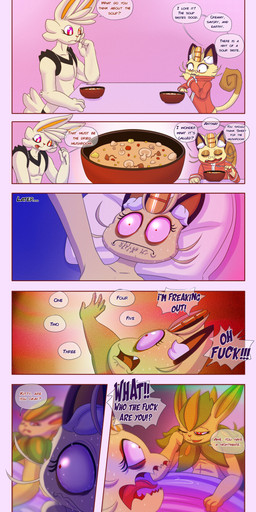 big_pupils bodily_fluids bowl constricted_pupils container dialogue dilated_pupils dinner duo eating fungus hallucination male male/male mushroom profanity pupils simple_background sleeping sleeping_together small_pupils sweat text asderzx nintendo palworld pocketpair pokemon emporio_candycorn_(asderzx) lee_the_meowth_(asderzx) cinderace generation_1_pokemon generation_8_pokemon meowth pal_(species) pokemon_(species) verdash absurd_res comic english_text hi_res