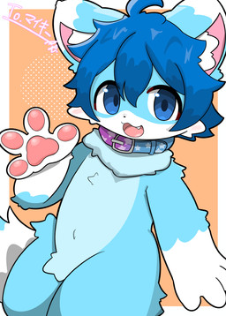 anthro belly blue_belly blue_body blue_eyes blue_fur blue_hair chibi collar countershading cute_fangs fangs fur gesture hair kemono looking_at_viewer male navel open_mouth smile smiling_at_viewer solo teeth waving waving_at_viewer mujimuji1010 mikey_(mikey_fox) canid canine fox mammal absurd_res hi_res