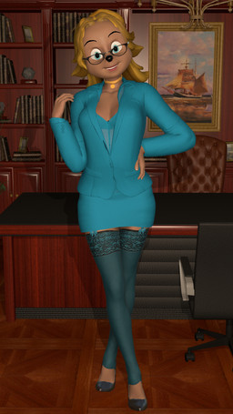 absolute_territory anthro blue_clothing blue_eyes bottomwear choker clothed clothing eyewear female footwear fully_clothed garter_straps glasses high_heels jewelry legwear necklace office office_lady pencil_skirt shoes skirt solo stockings suit_jacket wearing_glasses saglinger disney goof_troop ms._pennypacker 3d_(artwork) 4k 9:16 absurd_res digital_media_(artwork) hi_res