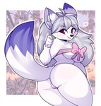 anthro biped blush breasts butt clothing female fur genitals hair inner_ear_fluff pussy red_eyes smile solo tail tuft white_body white_fur miikotorii leah_amor canid canine canis mammal wolf hi_res