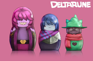 clothing eyewear glasses group hair hat headgear headwear long_ears long_hair matryoshka_doll scarf sharp_teeth simple_background teeth text toy caribun deltarune mythology undertale_(series) kris_dreemurr ralsei susie_(deltarune) bovid caprine darkner dragon goat human lizard mammal mythological_creature mythological_scalie reptile scalie english_text