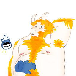 anthro armpit_hair barazoku belly blue_body blush body_hair clothed clothing disembodied_hand disembodied_head duo fur hair horn male male/male orange_body orange_fur orange_hair pecs topless white_body white_fur yellow_body yellow_fur furkazry deltarune undertale_(series) asgore_dreemurr king_spade bovid caprine goat mammal hi_res shaded simple_shading