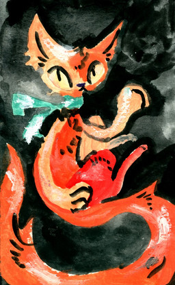 ambiguous_gender feral fur green_scarf orange_body orange_fur red_body red_fur scarf solo naircat domestic_cat felid feline felis mammal 2015 gouache_(artwork) hi_res painting_(artwork) traditional_media_(artwork) traditional_painting_(artwork)