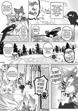 anthro bodily_fluids bone bottomwear bra bridal_carry campfire carrying_another clothing cold collar countershade_face countershade_fur countershade_torso countershading dialogue evergreen_tree feathers fire fireplace flying fur husband_and_wife male married_couple muscular muscular_anthro muscular_male pine_tree plant river rock sad skirt skull snow text tree underwear water wet wet_clothing efradraws northwind_(efradraws) kasni_(efradraws) n'tal_(northwind) uspul_(efradraws) avian bird canid canine canis corvid magpie_(corvid) mammal oscine passerine wolf absurd_res black_and_white comic digital_media_(artwork) english_text halftone hi_res monochrome