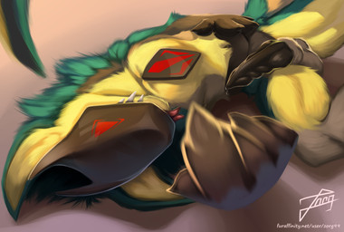 anthro balls beckoning bodily_fluids claws fangs fur genital_fluids genitals gesture green_body green_fur grey_body grey_fur leaking_precum lying male on_back paws penis precum red_eyes screen screen_face solo tail teeth tongue tongue_out visor yellow_body yellow_fur zorg99 brom_(sahurus) mantled_beast absurd_res hi_res