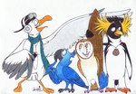 ambiguous_gender backwards_baseball_cap backwards_hat baseball_cap beak black_baseball_cap black_body black_claws black_feathers blue_body blue_feathers brown_body brown_eyes brown_feathers claws clothing electronics eyes_closed feathers feral group hat headgear headphones headwear holding_object holding_surfboard looking_up_at_another open_beak open_mouth open_smile orange_beak pink_beak portable_music_player scarf shell_necklace simple_background smile standing surfboard teal_scarf white_background white_body white_feathers yellow_beak flyper blue_sky_studios disney guardians_of_ga'hoole rio_(series) surf's_up the_rescuers_(disney) the_rescuers_down_under blu_(rio) cody_maverick soren_(gogh) wilbur_(the_rescuers) albatross avian barn_owl bird crested_penguin macaw neotropical_parrot owl parrot penguin procellariiform rockhopper_penguin spix's_macaw true_parrot tyto tytonid western_barn_owl 2015 colored_pencil_(artwork) crossover flat_colors pen_(artwork) traditional_media_(artwork)