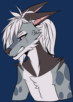 anthro bared_teeth bodily_fluids clothed clothing crying ears_back fangs glaring grey_eyes hair looking_down male markings pivoted_ears sad sharp_teeth short_hair slim solo tattoo tears teeth topless topless_male white_hair snowiefeather canid canine canis fox hybrid hyena mammal alpha_channel