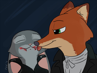 anthro blood bodily_fluids clothed clothing duo fangs female green_eyes larger_male licking male size_difference smaller_female teeth tongue tongue_out tggeko disney zootopia judy_hopps nick_wilde canid canine fox lagomorph leporid mammal rabbit red_fox true_fox vampire 2016 signature