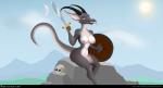 anthro anthrofied big_breasts breasts fantasy female horn looking_at_viewer melee_weapon moon nipples non-mammal_breasts non-mammal_nipples nude solo sword tail thick_thighs tongue tongue_out warrior weapon wide_hips yiffler kobold lizard reptile scalie absurd_res digital_media_(artwork) hi_res