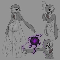 big_breasts big_butt black_eyes breasts butt chest_spike eyelashes featureless_feet feet female front_view grey_background hair looking_back navel psychic_powers question_mark rear_view red_eyes short_hair simple_background small_breasts solo spikes spikes_(anatomy) thick_thighs wide_eyed wide_hips gallo_wazavi nintendo pokemon gardevoir generation_3_pokemon humanoid pokemon_(species) 1:1 monochrome
