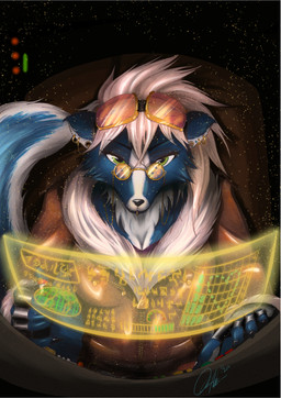 anthro biped blue_body blue_fur breasts clothed clothing ear_piercing ear_ring eyewear facial_piercing female fur gauged_ear glasses green_eyes hair lip_piercing multiple_piercings piercing ring_piercing sitting solo technology white_hair waffleirony mammal mephitid skunk 2016