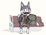 anthro backpack blue_body blue_fur bottomwear cargo_shorts clothing earbuds electronics fur headphones hoodie i-pod male plastic_bag seats shorts solo sweater sweater_vest thermos topwear vest white_body white_fur doesidoe animal_crossing nintendo rover_(animal_crossing) felid mammal