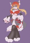 2023 4_toes 5_fingers anthro arcadia_(onigiriad) areola armwear bell bell_choker big_hands black_clothing black_legwear black_thigh_highs blonde_hair breasts bridal_gauntlets canid canine canis choker claws clip_studio_paint_(artwork) clothing club_arms countershade_fur countershading digital_drawing_(artwork) digital_media_(artwork) eyebrows fangs feet female female_anthro finger_claws fingers flat_colors full-length_portrait fur gradient_hair grey_body grey_fur grey_sclera hair harness hi_res hindpaw huge_hands inner_ear_fluff jewelry leg_stripes legwear looking_at_viewer mammal markings necklace nipples onigiriad open_mouth open_smile panties pawpads paws pink_areola pink_inner_ear pink_nipples pink_pawpads pink_tongue plantigrade portrait purple_background red_choker red_clothing red_hair red_harness red_jewelry red_markings red_necklace red_panties red_underwear simple_background smile solo tail teeth thigh_highs toe_claws toes tongue tuft twintails_(hairstyle) underwear white_body white_countershading white_eyebrows white_fur white_inner_ear_fluff wolf