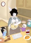 5_fingers anthro black_hair bottomwear bread breasts brown_body brown_fur clock clothing cooking detailed_background eating facial_markings female fingers floppy_ears flour food fur furniture group hair head_markings holding_object long_ears long_hair looking_at_another markings mask_(marking) paws pink_nose plate simple_background simple_eyes skirt smile table white_body white_fur white_hair young fangedotter lagomorph leporid mammal rabbit hi_res shaded simple_shading