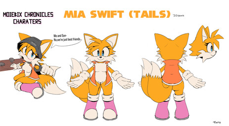 anthro blue_eyes blush bodily_fluids boots breasts clothing crossgender dialogue featureless_breasts featureless_crotch female footwear fur gloves handwear kneeling mask medium_breasts multi_tail nervous nervous_smile nervous_sweat orange_clothing orange_topwear orange_vest pink_clothing pink_footwear pink_shoes screws shoes smile solo sweat tail text tools topwear vest wrench yellow_body yellow_fur treno_art sega sonic_the_hedgehog_(series) miles_prower canid canine fox mammal absurd_res english_text hi_res model_sheet