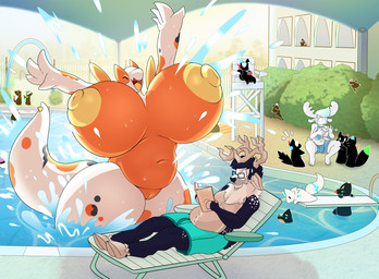anthro antlers areola big_breasts biped black_hair book bra breasts bulge clothed clothed/nude clothed_male clothing cloven_hooves detailed_background detailed_bulge duo_focus eyewear female female_anthro feral genital_outline genitals glasses group gynomorph hair hooves horn huge_breasts intersex larger_female male male/female nipples non-mammal_nipples nude nude_female penis_outline pokemorph reading size_difference smaller_male swimming_pool swimming_trunks swimwear thick_thighs underwear vulva white_body yellow_areola yellow_nipples lysergide nintendo pokemon deer generation_2_pokemon legendary_pokemon lugia mammal pokemon_(species) hi_res