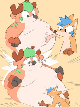 anthro antlers belly belly_lick belly_squish big_belly black_nose blue_hair blue_markings blush bodily_fluids duo face_on_belly flustered fur green_eyes green_spots hair horn male male/male markings moobs navel nude obese obese_anthro obese_male overweight overweight_anthro overweight_male saliva spots squish tan_body tan_fur tongue tongue_out weight_difference rexery_truffle rexery_(rexerytruffle) truffle_(rexerytruffle) canid canine deer fox mammal 3:4 hi_res