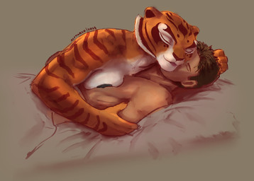 anthro assertive_female biceps black_nipples comforting cuddling dominant dominant_female duo eyes_closed female female_anthro hair hand_in_hair hand_on_arm human_on_anthro interspecies larger_anthro larger_female laying_on_top male male/female male_human nipples nude on_top orange_body size_difference smaller_human smaller_male stripes submissive submissive_male tongue tongue_out touching_hair alytarch dreamworks kung_fu_panda master_tigress felid feline felis human mammal pantherine tiger absurd_res hi_res