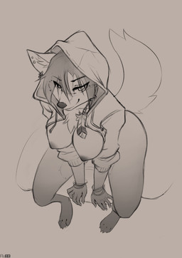 anthro areola bangle bedroom_eyes big_breasts biped bracelet breasts chest_tuft clothed clothing ear_piercing feathers female grey_background hair half-closed_eyes hoodie jewelry looking_at_viewer narrowed_eyes nipples partially_clothed piercing pose seductive simple_background sitting smile solo topwear tuft foxboy83 cindi_(foxboy83) canid canine canis mammal wolf absurd_res digital_media_(artwork) greyscale hi_res monochrome pinup signature