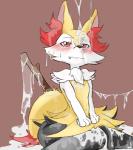 anthro biped blush bodily_fluids bukkake cum cum_from_offscreen cum_string cute_fangs fangs female genital_fluids half-closed_eyes looking_up narrowed_eyes navel red_eyes simple_background sitting solo stick teeth mitoganmo nintendo pokemon braixen generation_6_pokemon pokemon_(species)