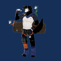 anthro athletic band-aid band-aid_on_knee band-aid_on_leg bandage black_body black_fur bottomwear clothing dolphin_shorts drawstring drone duffel_bag floppy_ears flying_drones fur gesture gloves hand_gesture hand_on_hip handwear knee_brace knee_pads leg_warmers legwear male markings mole_(marking) paw_socks pockets pointing pointing_at_self pouch_(clothing) raglan_shirt shorts smile snaggle_tooth solo text travel_bag white_body white_fur cerberussenn lucky_sweeto_(cerberussenn) canid canine canis mammal wolf 1:1 absurd_res alpha_channel english_text hi_res signature