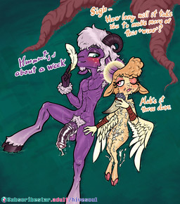 2_horns 4_fingers after_sex after_vaginal afterglow alternate_species alternate_universe ancient_greece animal_genitalia animal_penis anthro anthro_on_anthro arm_wraps armpit_hair back_wings balls belly big_penis biped black_eyebrows black_hooves black_horn blush blush_lines bodily_fluids body_hair breasts brown_wraps chest_tuft cloven_hooves collarbone color_coded_text cum cum_covered cum_everywhere cum_from_vagina cum_in_vagina cum_inside cum_on_arm cum_on_belly cum_on_body cum_on_breasts cum_on_face cum_on_ground cum_on_leg curled_horn dewclaw_hooves dialogue drinking_horn duo equine_genitalia equine_penis eyebrows eyelashes facial_hair feathered_wings feathers featureless_breasts featureless_chest female female_anthro fingers flared_penis freckles fur genital_fluids genitals goatee grass green_eyes hair hairy_balls half-closed_eyes half-erect halo hand_behind_head hand_on_leg hand_on_thigh holding_feather hooves horn interspecies larger_male leaking_cum looking_at_another looking_at_partner loose_feather lying male male/female male_anthro medial_ring medium_breasts messy mostly_nude mostly_nude_anthro mostly_nude_female narrowed_eyes nude nude_anthro nude_male on_back one_eye_closed open_mouth orange_ears orange_hair orange_text outside penis pink_eyes pink_hooves pink_tongue plant pubes pupils purple_balls purple_body purple_ears purple_fur purple_penis purple_text ribs short_hair size_difference smaller_female smile smirk snout subscribestar_logo sweat sweaty_arms sweaty_balls sweaty_belly sweaty_chest sweaty_face sweaty_genitalia sweaty_legs talking_to_another talking_to_partner text tongue tree tuft unguligrade urethra vaginal_fluids vaginal_fluids_on_penis white_eyebrows white_facial_hair white_goatee white_hair white_pubes wings wraps yellow_body yellow_fur soulcentinel hellaverse helluva_boss subscribestar collin_(helluva_boss) keenie_(helluva_boss) angel bovid caprine cherub goat mammal satyr sheep 2025 hi_res story story_in_description url
