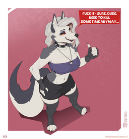 4_toes 5_fingers anthro bottomwear breasts clothed clothing collar feet female fingerless_gloves fingers fur gloves grey_body grey_fur grey_hair hair handwear leggings legwear long_hair looking_at_viewer midriff multicolored_body multicolored_fur navel open_mouth red_sclera skirt solo spiked_collar spikes standing teeth text thigh_highs toes two_tone_body two_tone_fur white_body white_eyes white_fur greasymojo hellaverse helluva_boss mythology loona_(helluva_boss) canid canid_demon canine demon hellhound mammal mythological_canine mythological_creature 2025 absurd_res hi_res signature url