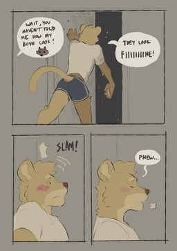 anthro blush bottomwear clothed clothed_anthro clothing dialogue door electronics male offscreen_character phone shirt shorts solo text topwear kaynine cougar felid feline mammal absurd_res comic english_text hi_res