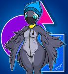 anthro areola beak black_nipples black_pussy blue_eyes breasts clitoris_to_collar feathered_wings feathers female genitals hair linked_nipples linked_piercing navel nipple_chain nipples nipples_to_collar non-mammal_breasts nude piercing pussy simple_background solo teal_eyes wide_hips wings fionthebunny julia_autio avian bird 2015 hi_res