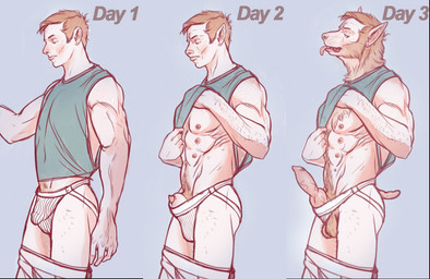 balls base_one_layout basic_sequence bulge clothing ear_piercing genital_transformation genitals growth hair jockstrap knot linear_sequence male multi_nipple nipples one_row_layout penis piercing short_hair simple_background snout snout_growth solo tail tail_growth three_frame_image three_frame_sequence transformation transformation_sequence underwear vixden canid canine human mammal sequence