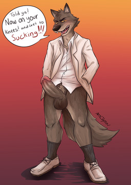anthro balls big_penis bottomless clothed clothing dialogue erection fellatio_request genitals hand_in_pocket humanoid_genitalia humanoid_penis male male_anthro oral_request penis pockets requesting sex_request solo talking_to_viewer text artejaxton dreamworks the_bad_guys mr._wolf_(the_bad_guys) canid canine canis mammal wolf absurd_res english_text hi_res