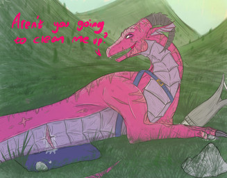 animal_genitalia bodily_fluids claws cloaca cloaca_juice dialogue disability female female_feral feral genital_fluids genitals grass hill horizontal_cloaca horn looking_back lying on_side pink_body pink_eyes plant prosthetic scales scar scars_all_over simple_background solo straps text delirioussmold mythology princess_cerys dragon lindwurm mythological_creature mythological_scalie scalie hi_res