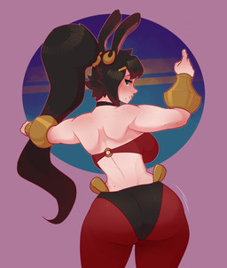 bangs big_breasts big_butt blush blush_lines breasts butt choker clothing cocked_hip cosplay ear_piercing female freckled_arms freckled_face freckled_hips freckled_shoulders freckles hair jewelry looking_at_viewer motion_lines muscular necklace o-ring piercing ponytail solo speckle_freckles thick_thighs tight_clothing dabbledraws final_fantasy shantae_(series) square_enix wayforward inai_shiori_(milehighbrid) shantae humanoid lagomorph mammal viera 2022 hi_res