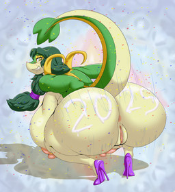 anthro anus big_breasts big_butt bodily_fluids body_writing breasts butt celebration clothing confetti crouching female footwear genitals green_body green_hair hair high_heels huge_breasts huge_butt huge_hips huge_thighs looking_back motion_lines nipples pokemorph raised_tail shoes solo sweat tail thick_thighs vulva wide_hips writing_on_butt yellow_eyes deadpliss mewpan nintendo pokemon natalie_(deadpliss) generation_5_pokemon pokemon_(species) snivy 2025 absurd_res hi_res