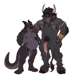 after_sex andromorph andromorph/male andromorph_anthro animal_genitalia animal_penis anthro armlet armpit_hair balls biped black_body black_fur black_hair black_scales bodily_fluids body_hair bracelet cheek_horn cum cum_drip cum_in_vagina cum_inflated_belly cum_inflation cum_inside curved_horn dripping duo ear_piercing ear_ring equine_genitalia equine_penis flaccid flared_penis front_view fur genital_fluids genitals gold_(metal) gold_armlet gold_bracelet gold_jewelry gold_ring gold_tail_ring hair hair_over_eyes half-closed_eyes hooves horn humanoid_genitalia humanoid_vulva inflation intersex intersex/male intersex_anthro jewelry jewelry_only male male_anthro medial_ring muscle_tone muscular muscular_andromorph muscular_anthro muscular_intersex muscular_male narrowed_eyes nipple_piercing nipple_ring nipples nude penis piercing pubes ring_piercing scales smile standing tail tail_tuft tuft vulva fallameesto dungeons_and_dragons european_mythology greek_mythology hasbro mythology wizards_of_the_coast devan_(terrainn) magnus_(terrainn) bovid bovine dragonborn_(dnd) mammal minotaur scalie hi_res trans_(lore) trans_man_(lore)