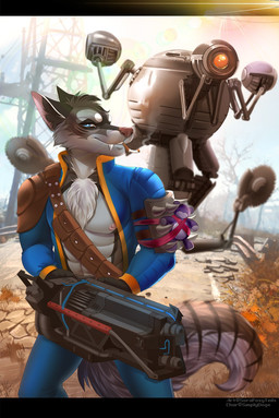 anthro blue_eyes chest_tuft cigarette clothed clothing cosplay costume detailed_background duo fangs fur grey_body grey_fur holding_object holding_weapon jumpsuit looking_at_viewer machine male plant ranged_weapon smoke smoking teeth tree tuft vault_suit weapon sorafoxyteils fallout microsoft codsworth_(fallout) joel_(simplydoge) the_sole_survivor_(fallout) canid canine canis mammal mister_handy_(fallout) robot wolf 2017 hi_res