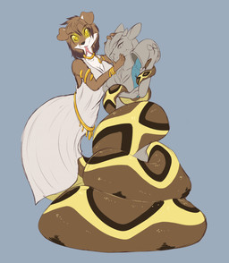 anthro apode black_body black_scales blue_background bracelet clothed clothing coiling countershading dress female forked_tongue fully_clothed fur glowing glowing_eyes gold_(metal) gold_jewelry green_body green_fur green_hair green_scales hair jewelry legless looking_at_viewer neck_ring scales sculpture serpentine simple_background solo split_form tongue tongue_out white_body white_clothing white_countershading white_dress white_fur yellow_body yellow_eyes yellow_scales sepisnake canid canine canis collie domestic_dog draconcopode herding_dog lamia mammal pastoral_dog reptile scalie sheepdog snake 2025 hi_res story story_in_description