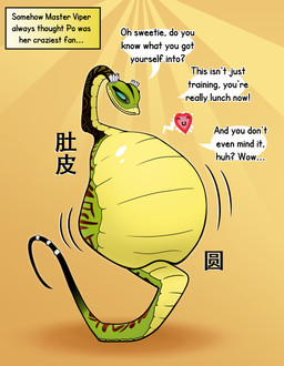 after_vore belly big_belly blue_sclera female female_pred feral green_body overweight simple_background speech_bubble text vore yellow_background leheart dreamworks kung_fu_panda master_viper reptile scalie snake 2021 absurd_res hi_res