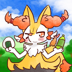 ambiguous_anthro ambiguous_gender anthro beverage biped blush bottle bow_ribbon closed_smile container dipstick_tail food front_view holding_beverage holding_bottle holding_container holding_food holding_object markings mouth_closed one_eye_closed onigiri outside plaid_bow plant rice shrimp_(food) sky smile snout solo standing tail tail_markings tree wink annyui0611 nintendo pokemon braixen canid generation_6_pokemon mammal pokemon_(species) 1:1 2022 digital_drawing_(artwork) digital_media_(artwork) half-length_portrait japanese_description portrait translated_description