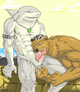 animal_genitalia anthro anthro_on_anthro bodily_fluids cum cum_on_face duo eyes_closed eyewear fin fingering genital_fluids genital_slit genitals gills grin jewelry licking male male/male muscular nipples pendant penis sharp_teeth smile sunglasses sweat tattoo teeth tongue tongue_out water wet berububs aquatic bear fish mammal shark hi_res