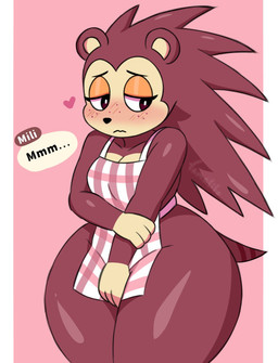 anthro apron apron_only black_nose blush border breasts brown_body brown_ears brown_eyes brown_fur brown_hair brown_tail clothing dialogue eyelashes female freckled_face freckles fur hair half-closed_eyes heart_symbol multicolored_body multicolored_fur narrowed_eyes orange_eyelids pupils red_background round_ears simple_background small_breasts solo speech_bubble tail tan_body tan_fur tan_inner_ear text thick_thighs two_tone_body two_tone_fur white_border white_pupils wide_hips tamalito animal_crossing nintendo sable_able eulipotyphlan hedgehog mammal 2025 digital_media_(artwork) english_text hi_res