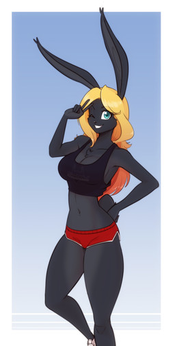anthro black_body black_fur blonde_hair bottomwear breasts chest_tuft clothing collarbone crop_top eyebrow_through_hair eyebrows eyelashes female fur gesture hair hand_gesture hand_on_hip midriff navel one_eye_closed shirt shorts smile solo teal_eyes topwear translucent translucent_hair tuft v_sign wink scorpdk lagomorph leporid mammal rabbit 2025 absurd_res hi_res
