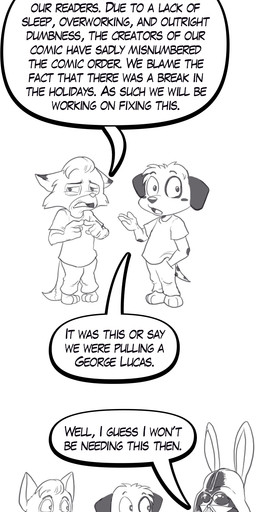 anthro bottomwear clothing dialogue group looking_at_viewer male pants shirt speech_bubble talking_to_viewer topwear trio nauyaco forestdale star_wars adam_summers_(forestdale) dallas_burnside_(forestdale) darth_vader kyle_kendricks_(forestdale) canid canine canis dalmatian domestic_dog fox lagomorph leporid mammal rabbit 2026 hi_res