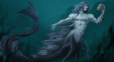 blue_frill blue_hair bubble frill_(anatomy) grey_body grin hair holding_skull long_hair male male_humanoid navel notched_ear pink_eyes smile solo split_form tail tail_frill text underwater water santanahoffman aquatic humanoid merfolk 2025 artist_name dated hi_res