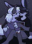 black_body black_fur black_hair fur hair kissing_on_lips romantic romantic_couple slim_anthro slim_female tied_hair white_body white_fur videobun lagomorph leporid mammal procyonid rabbit raccoon 2024