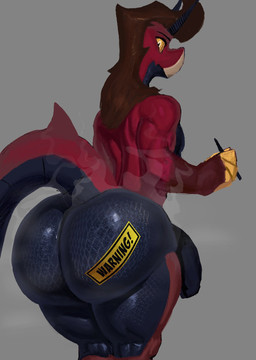 anthro athletic athletic_male back_muscles biceps big_butt black_body brown_hair butt claws flaccid genitals hair holding_object holding_pen horn male muscular muscular_thighs pecs pen penis rear_view red_body solo spikes spikes_(anatomy) steam steaming_body tail thick_thighs warning_sign white_body yellow_claws yellow_eyes tenacitrus fan_character aquatic fish shark hi_res