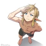 blonde_hair blue_eyes clothing feet fingers hair hand_on_hip humanoid_pointy_ears light_body light_skin male not_furry pointy_ears solo swimming_trunks swimwear toes monbetsu_kuniharu nintendo the_legend_of_zelda link elf humanoid hylian signature