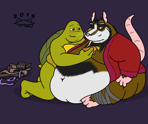adolescent anthro belly big_belly biped blush brown_body duo food green_body male morbidly_obese morbidly_obese_male obese obese_male overweight overweight_male pink_nose sitting young connercoon teenage_mutant_ninja_turtles teenage_mutant_ninja_turtles_(2012) donatello_(tmnt) master_splinter brown_rat mammal murid murine rat reptile rodent scalie turtle 2015 adopted_(lore) adopted_son_(lore) adoptive_father_(lore)