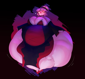 accessory aged_up belly big_belly big_breasts big_butt bottom_heavy breasts butt cleavage clothed clothing dress female footwear glowing glowing_eyes hair hair_accessory hair_bun heart_symbol high_heels huge_belly huge_butt huge_thighs hyper hyper_belly hyper_butt hyper_thighs light looking_at_viewer mature_female morbidly_obese morbidly_obese_female morbidly_obese_humanoid motion_lines not_furry obese obese_female obese_humanoid open_mouth overweight overweight_female overweight_humanoid pink_hair red_eyes shoes smile solo standing thick_thighs wide_hips mysterydad elise_(mysterydad) humanoid vampire absurd_res hi_res lighting
